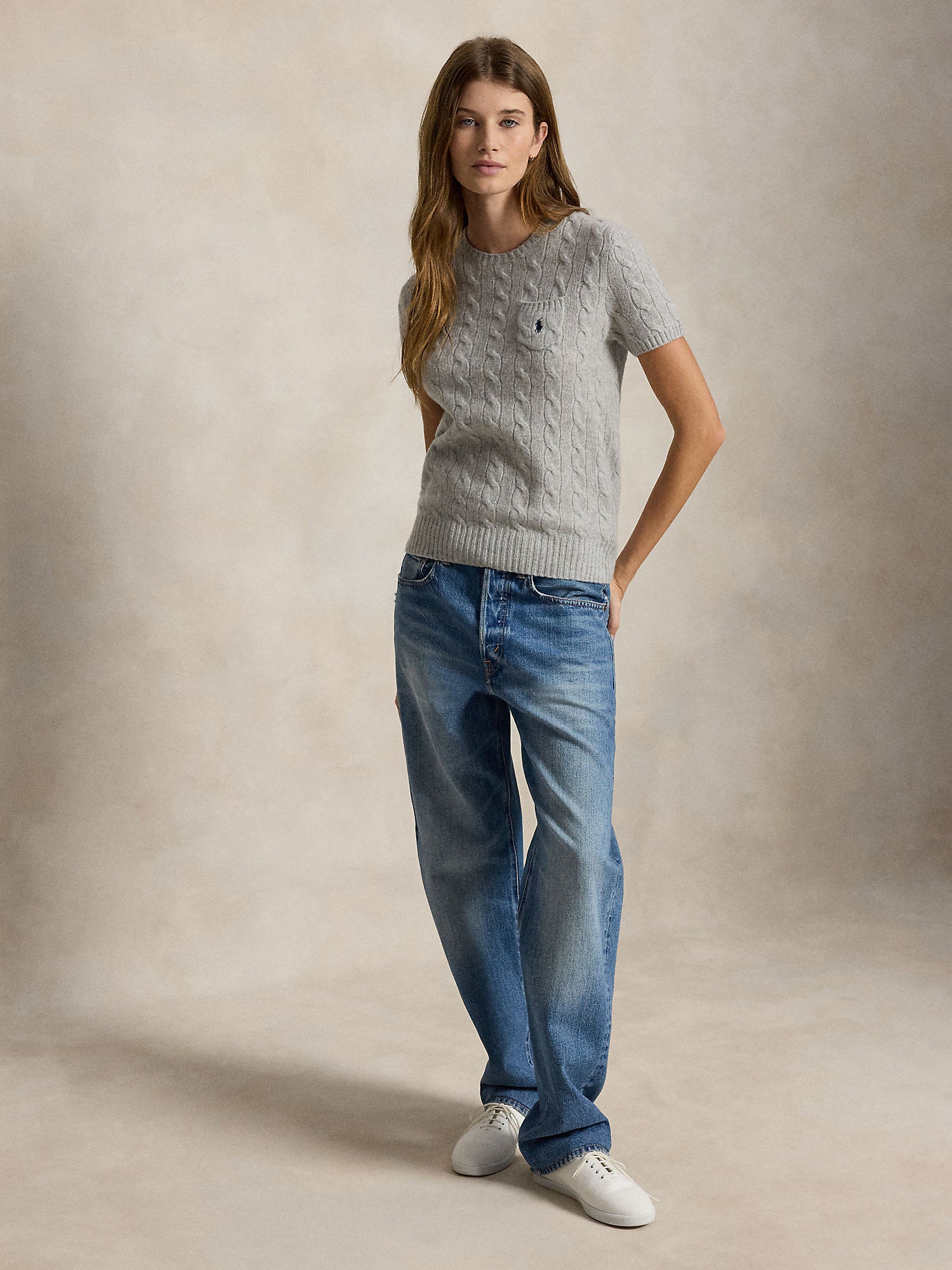 CABLE WOOL CASHMERE SHORT-SLEEVE SWEATER