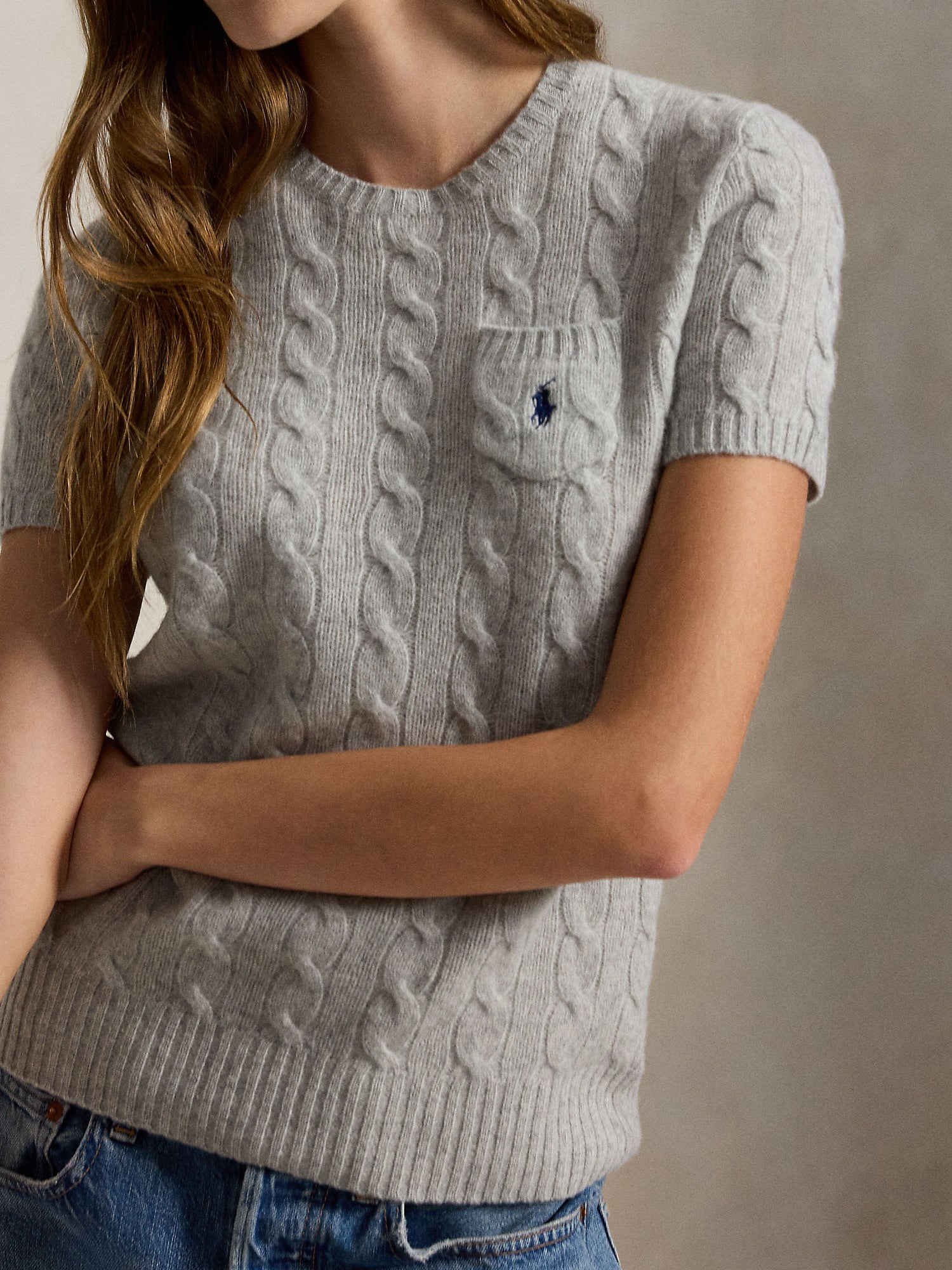 CABLE WOOL CASHMERE SHORT-SLEEVE SWEATER