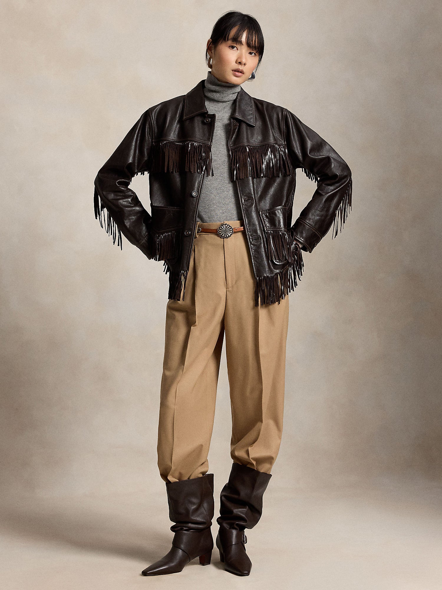 FRINGE-TRIM LEATHER SHIRT