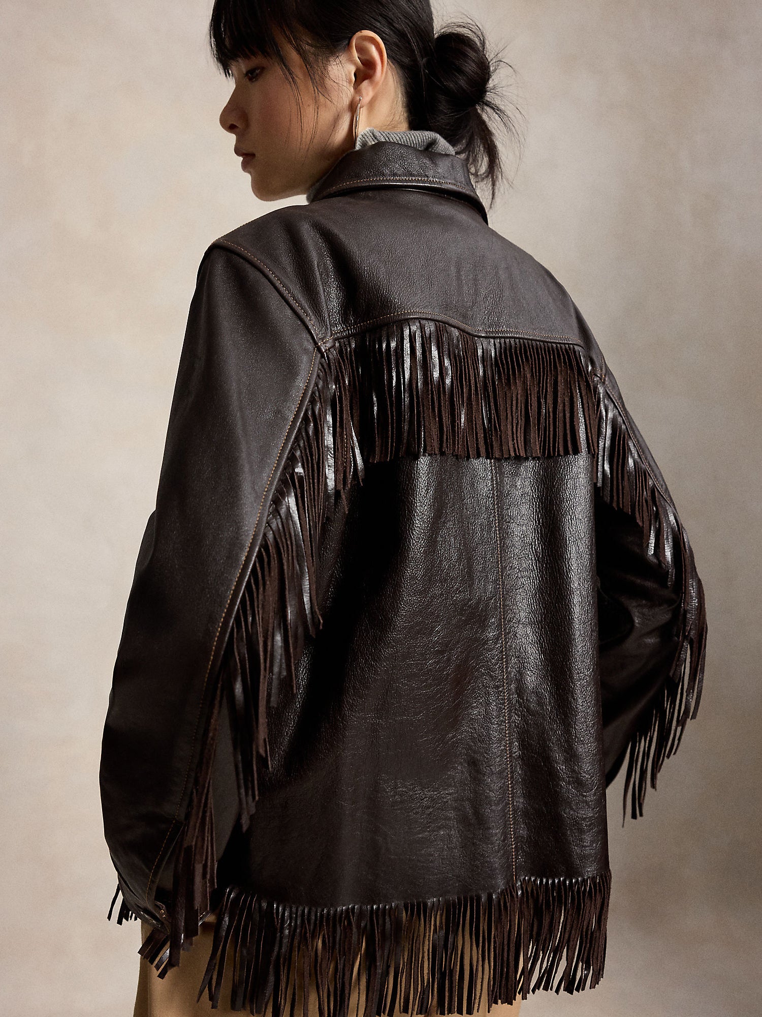 FRINGE-TRIM LEATHER SHIRT