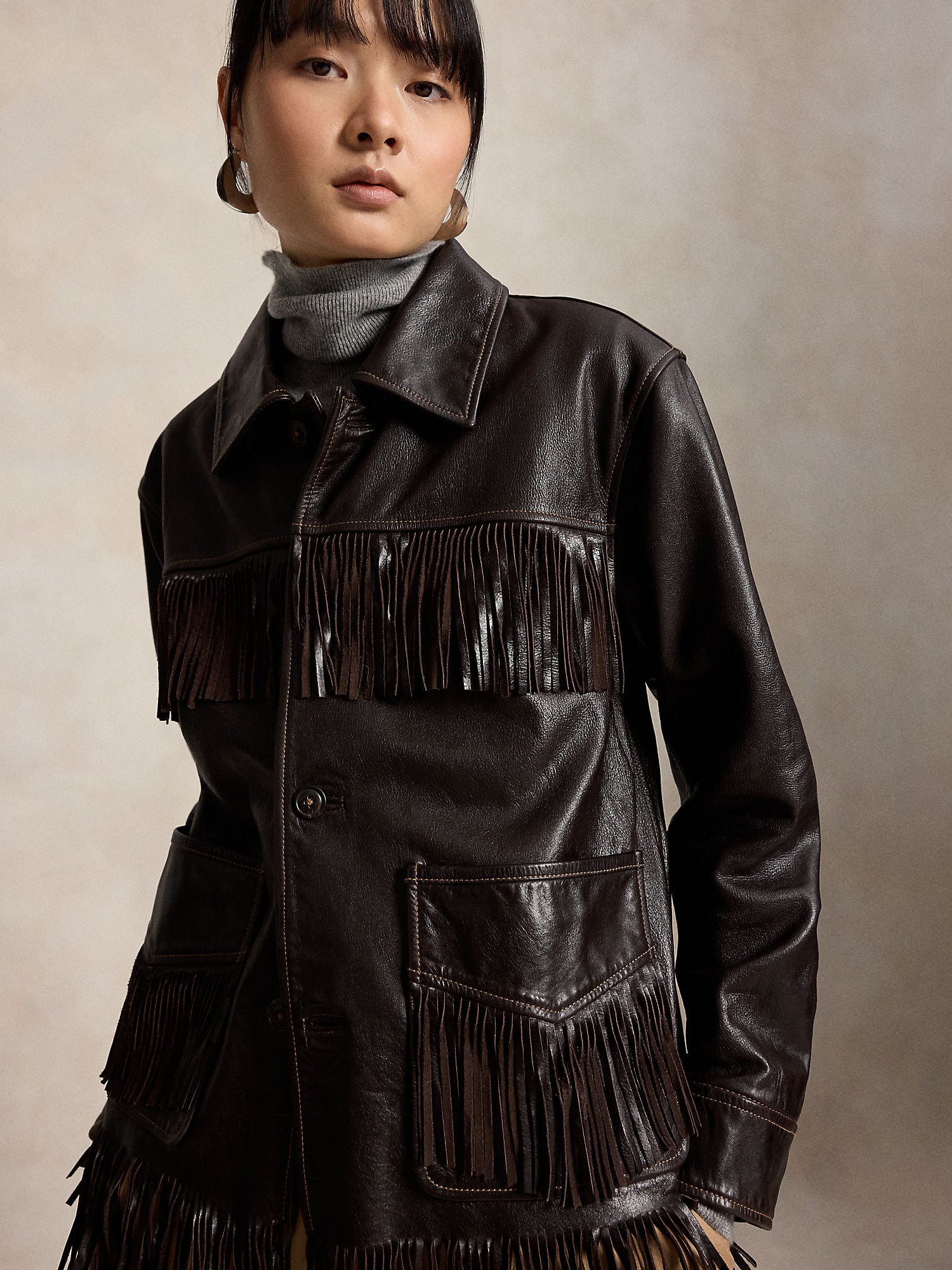 FRINGE-TRIM LEATHER SHIRT