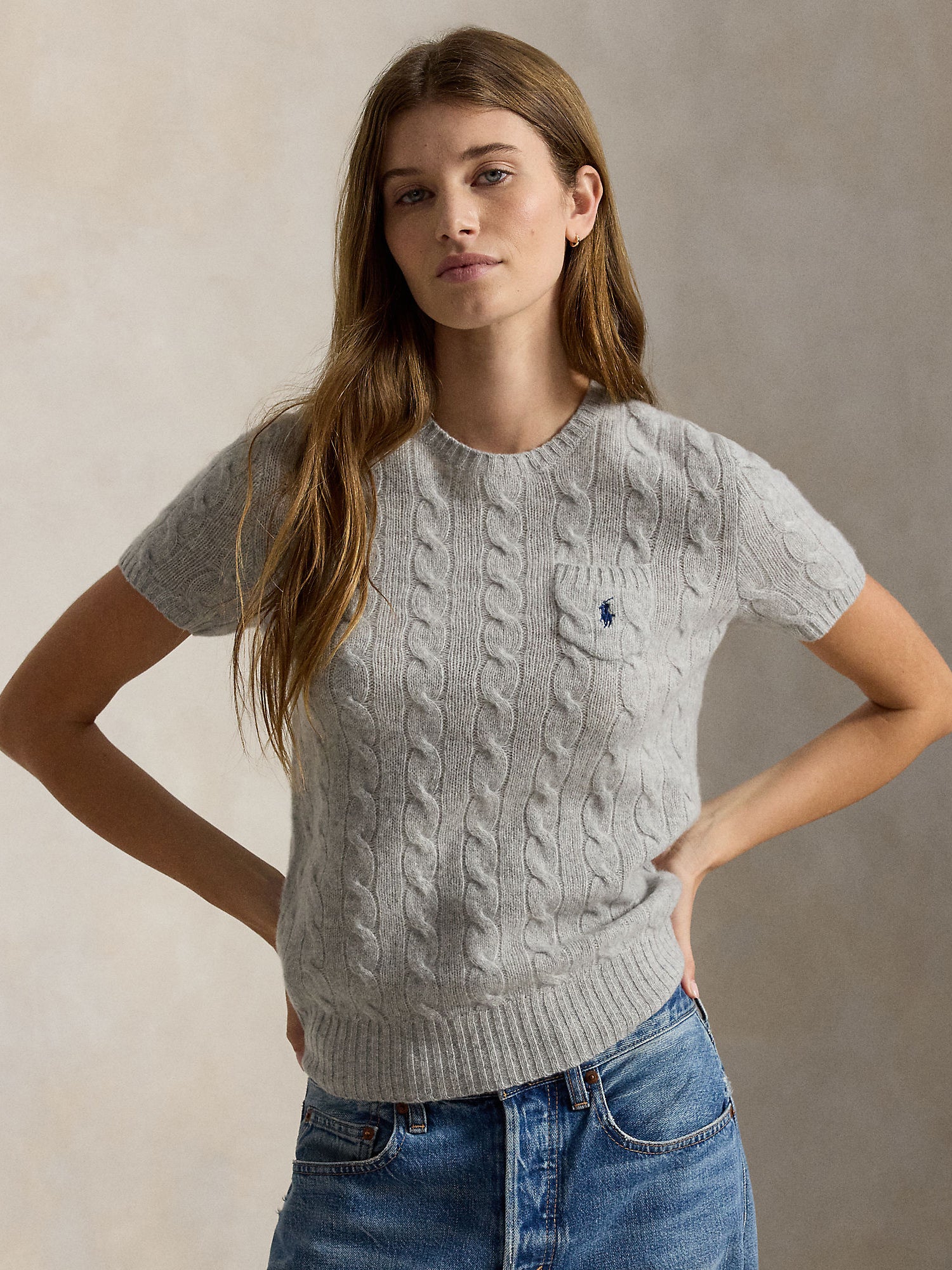 CABLE WOOL CASHMERE SHORT-SLEEVE SWEATER