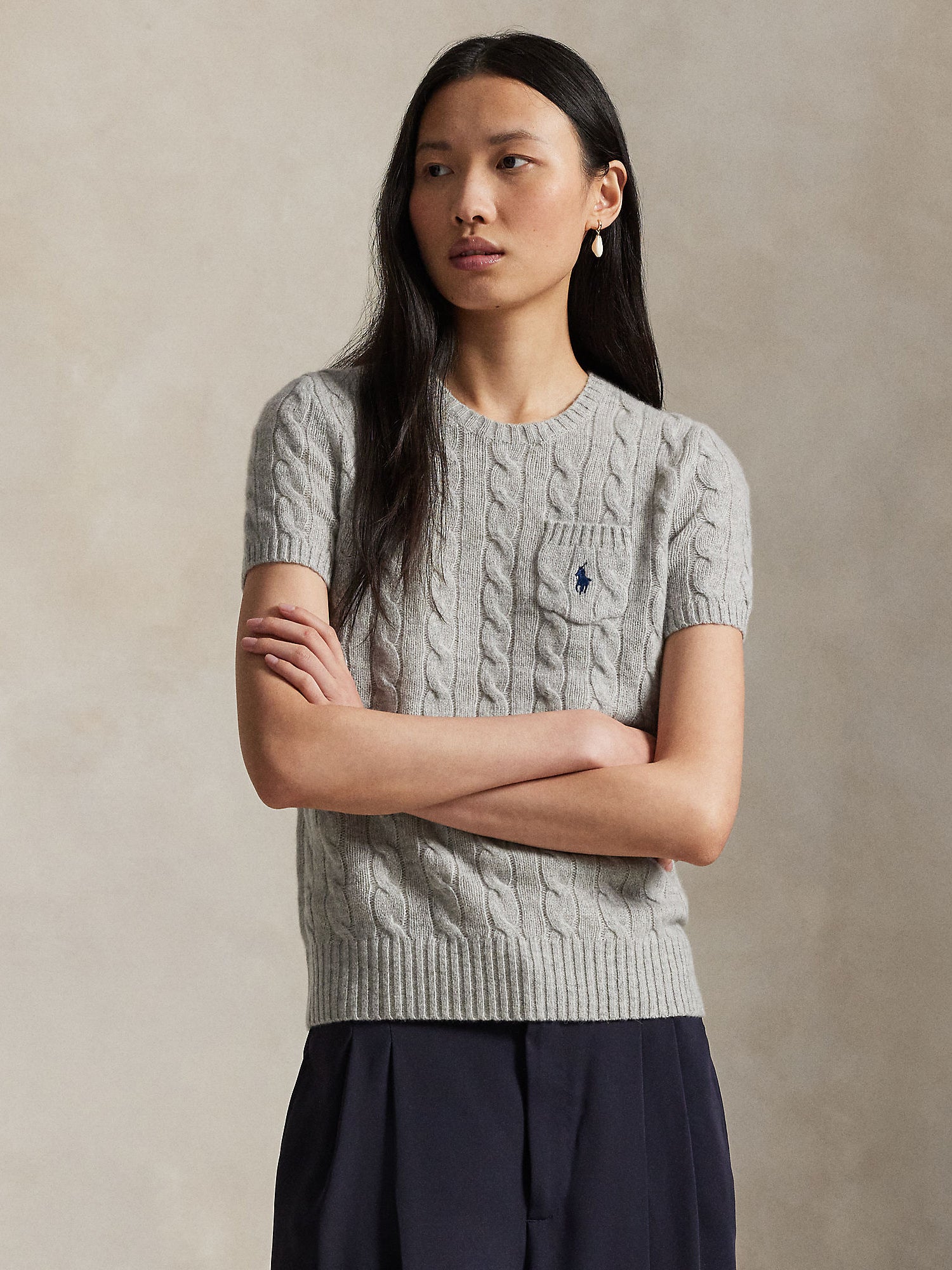 CABLE WOOL CASHMERE SHORT-SLEEVE SWEATER