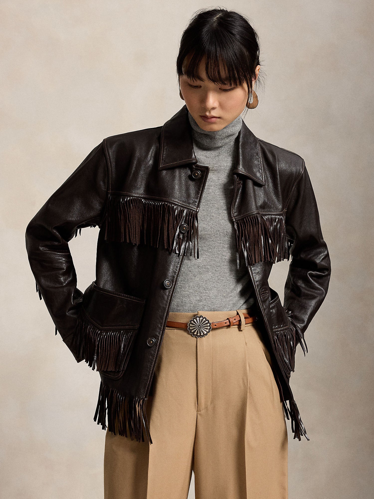 FRINGE-TRIM LEATHER SHIRT