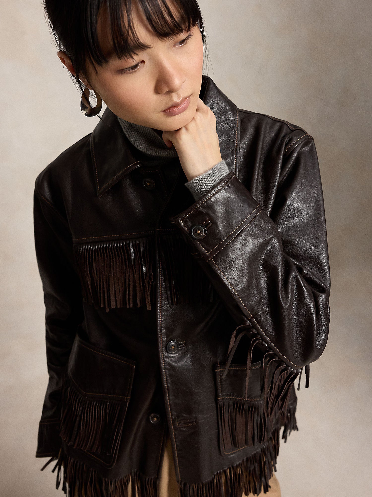 FRINGE-TRIM LEATHER SHIRT