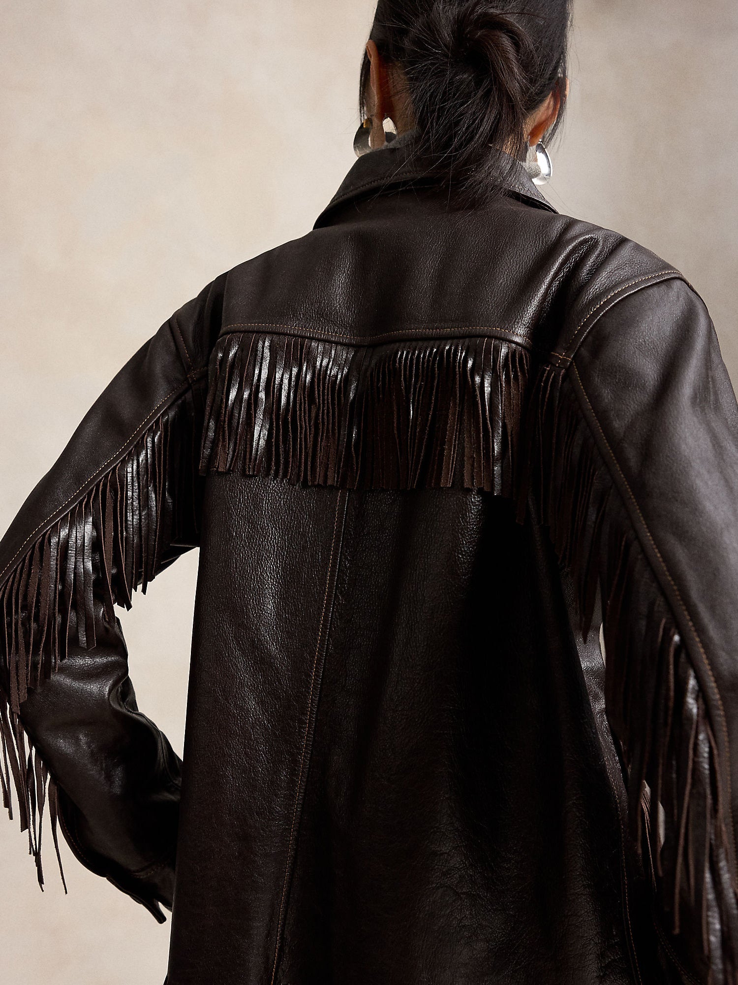 FRINGE-TRIM LEATHER SHIRT